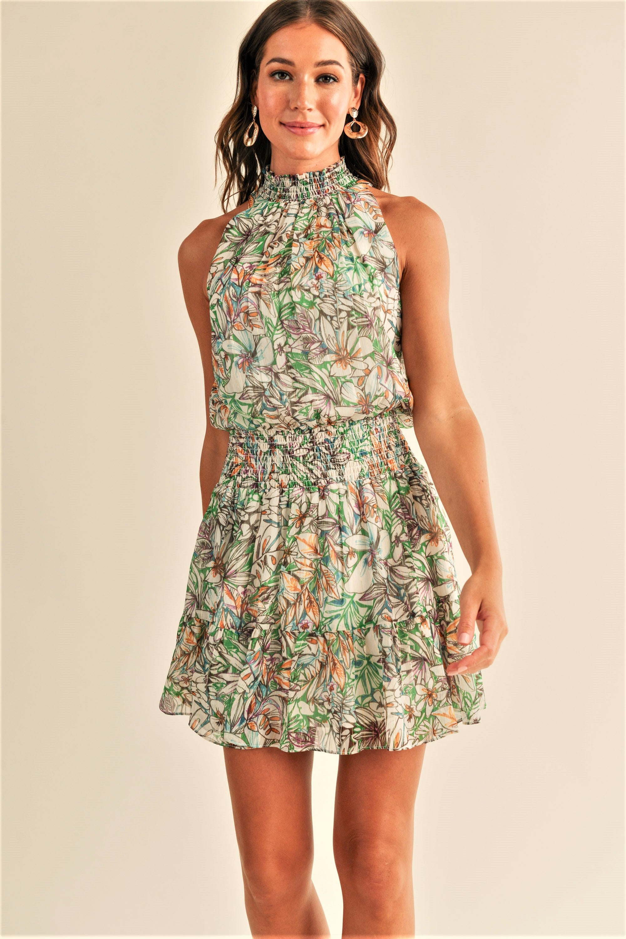 High neck hotsell floral mini dress